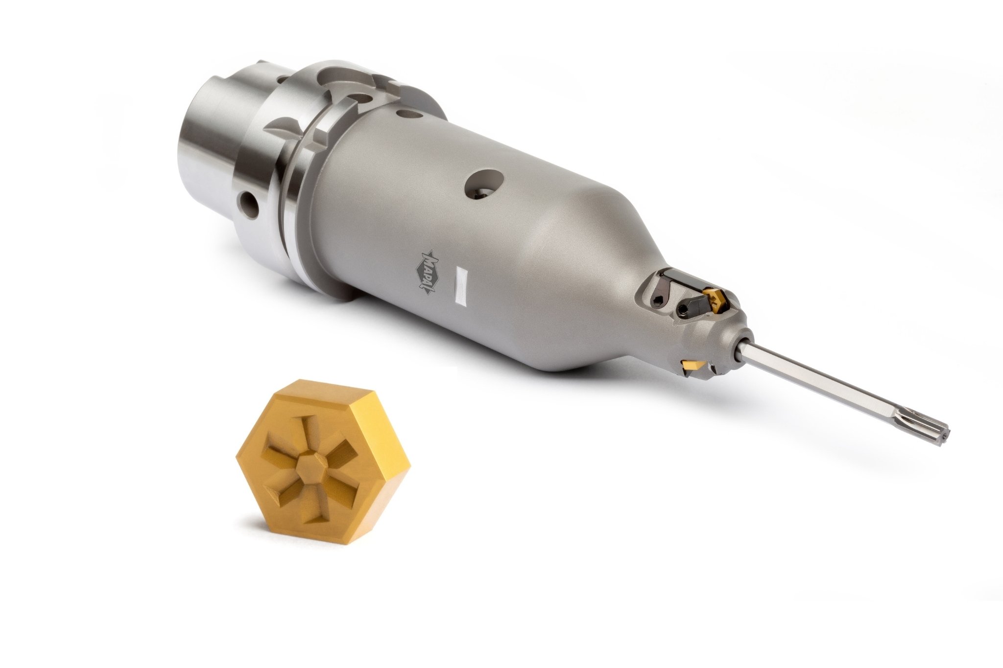 A MAPAL combination tool with indexable insert and insert reamer, with a new HNHX indexable insert in front of it.